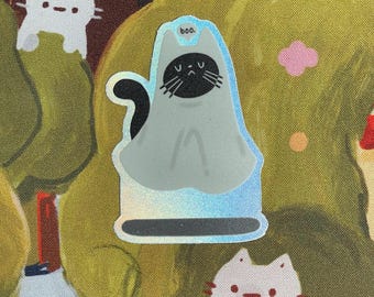 Ghost Cat Sticker | Matte Holographic Vinyl | Weatherproof Halloween Art