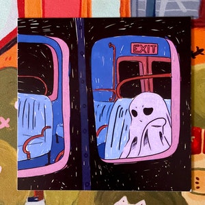 May include: A purple ghost with a sad expression sits on a blue bus seat. The bus window is open and the word "EXIT" is visible on the bus door. The background is black with white speckles.