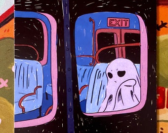 Moody Ghost on an Empty Train Illustration | Art Decor |Office Space/Bedroom Art | Cute Ghostie Halloween Vibes | spooky