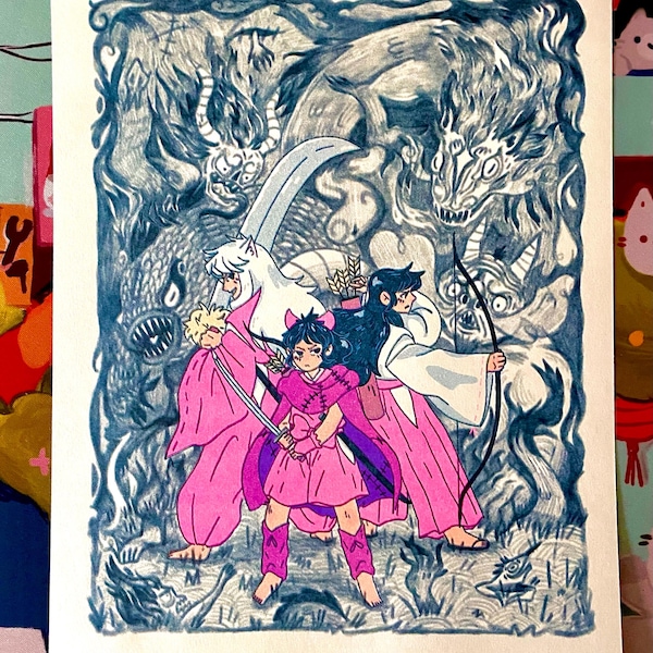 Inuyasha Inspired Riso Illustration Art Print | Risograph Printing | 8.5x11 and 11x14 Sizing