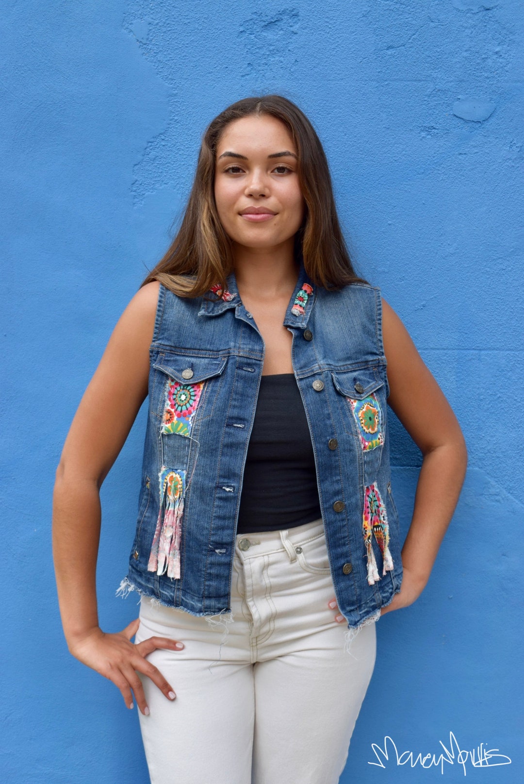 Cropped Denim Flower Vest with Lace Layer main image 0