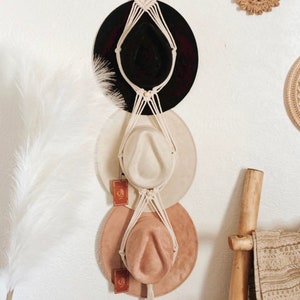Hat Hanger Macrame,Macrame Hat Holder,Farmhouse Hat Hanger,Fedora Hat Hanger,Cowboy Hat Rack,Hanger to Stick on for Wall, Hat Organization