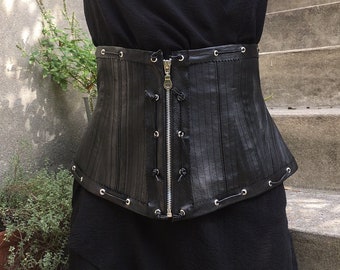 Couture Corset Belt in black Leather with leather lacing and silvery eyelet embellishments and silver color front zipper