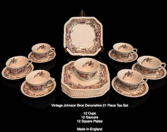 Juego de 21 piezas vintage Johnson Bros Devonshire - Hecho en Inglaterra - Tazas, platillos y platos de porcelana con estampado floral y de pájaros - Estilo cottagecore - 10261
