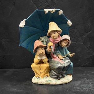 May include: A ceramic figurine depicting three figures huddled under a large blue umbrella with white snow accents. The central figure wears a yellow hat and pink scarf, flanked by two figures in yellow and blue coats, all set on a snowy base.