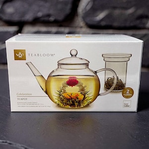 Bule de vidro Teabloom Celebration de 1,18 L com infusor e caixa original.