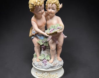 Vintage Large Andrea by Sadek Cherub Figurine 11” - Putti Angels w Grapes Scythe Vintage Bisque Victorian Style Statue - 10216