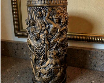 Vintage classical Ceramic Relief Vase with Cherubs Greco Roman Style Dark Finish 11.5” - M1001