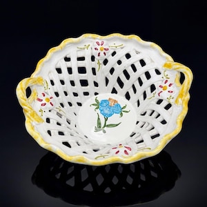 Bol vintage panier en treillis Berardos Portugal - Poterie peinte à la main, 5,5 pouces