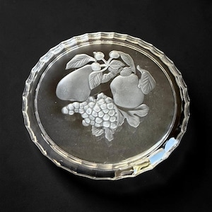 Vintage Val St Lambert Signed Crystal Fruit Plate - 6" - Frosted Pear Grape Design Scalloped Rim Art - Some Scratches, see photos - 10321