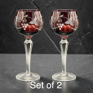 Set of 2 Vintage Ruby Red Cut Crystal Goblets Grapes Vine Motif 8" Stemware