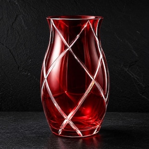 May include: A deep red glass vase featuring a prominent diamond-shaped lattice pattern cut into the surface. The vessel has a wide, flared rim and a rounded body, with clear, sharp edges where the glass has been carved to reveal the transparency.