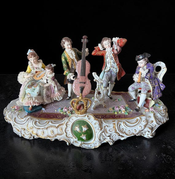 Rare Antique Sitzendorf German Porcelain Figurine - Authentic - Group Music - Large 19” Hand Painted Lace Rococo Victorian Style - 10097