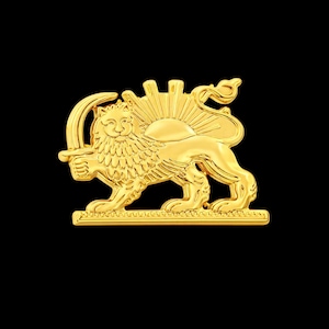 May include: A gold-colored emblem featuring a lion holding a sword, with a sunburst design behind it. The lion is in a standing position, and the emblem has intricate details. The background is black.