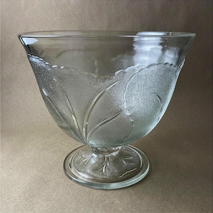 Large Vintage Frosted Glass Pedestal Bowl Floral Leaf Pattern - 10" - Some Scratches (see photos) - Clear Rim Footed Centerpiece Bowl- 10314