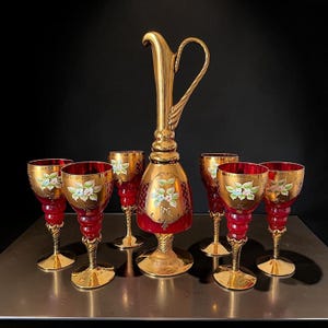 Hand Painted Ruby Red and Gold Venetian Murano Decanter Set - Etsy