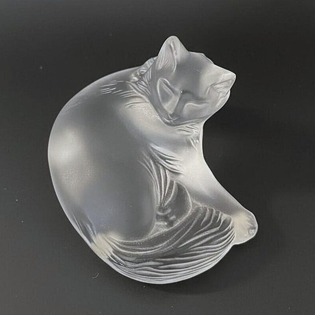Lalique Happy Cat Frosted Crystal Figurine Signed France 2.5
