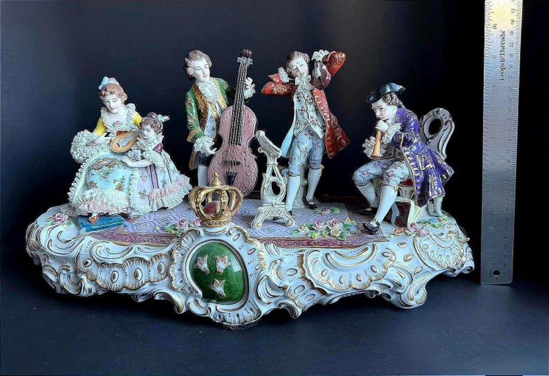 Rare Antique Sitzendorf German Porcelain Figurine - Authentic - Group Music - Large 19” Hand Painted Lace Rococo Victorian Style - 10097 image 15
