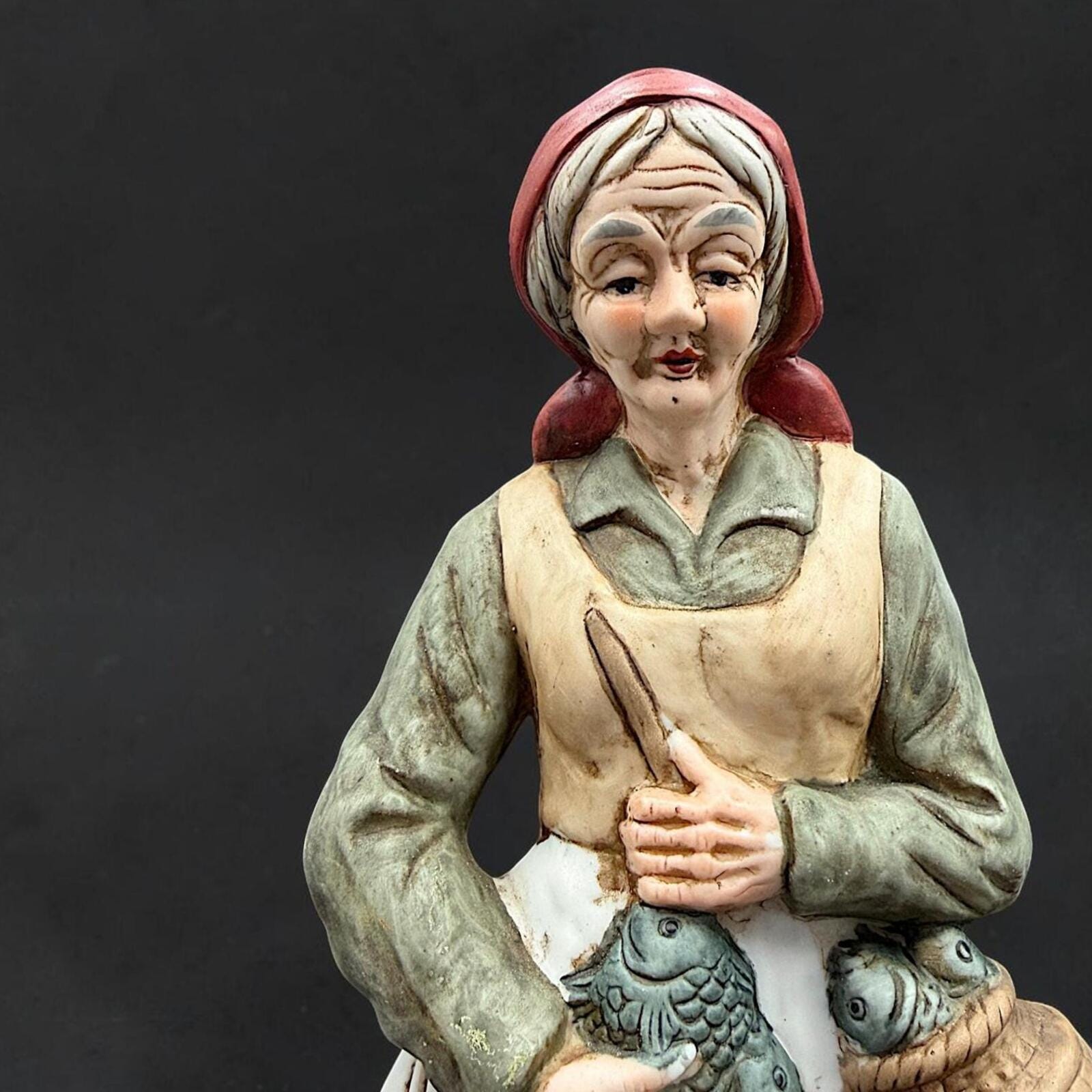 Vintage Fisherwoman Figurine With Fish Basket Porcelain Large