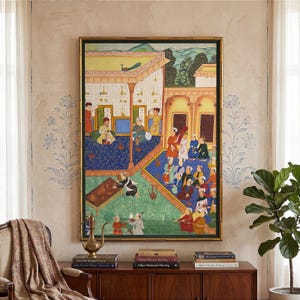 Large Hand Painted Mughal Court Scene Framed Painting Peacock Indian 32x48 inch