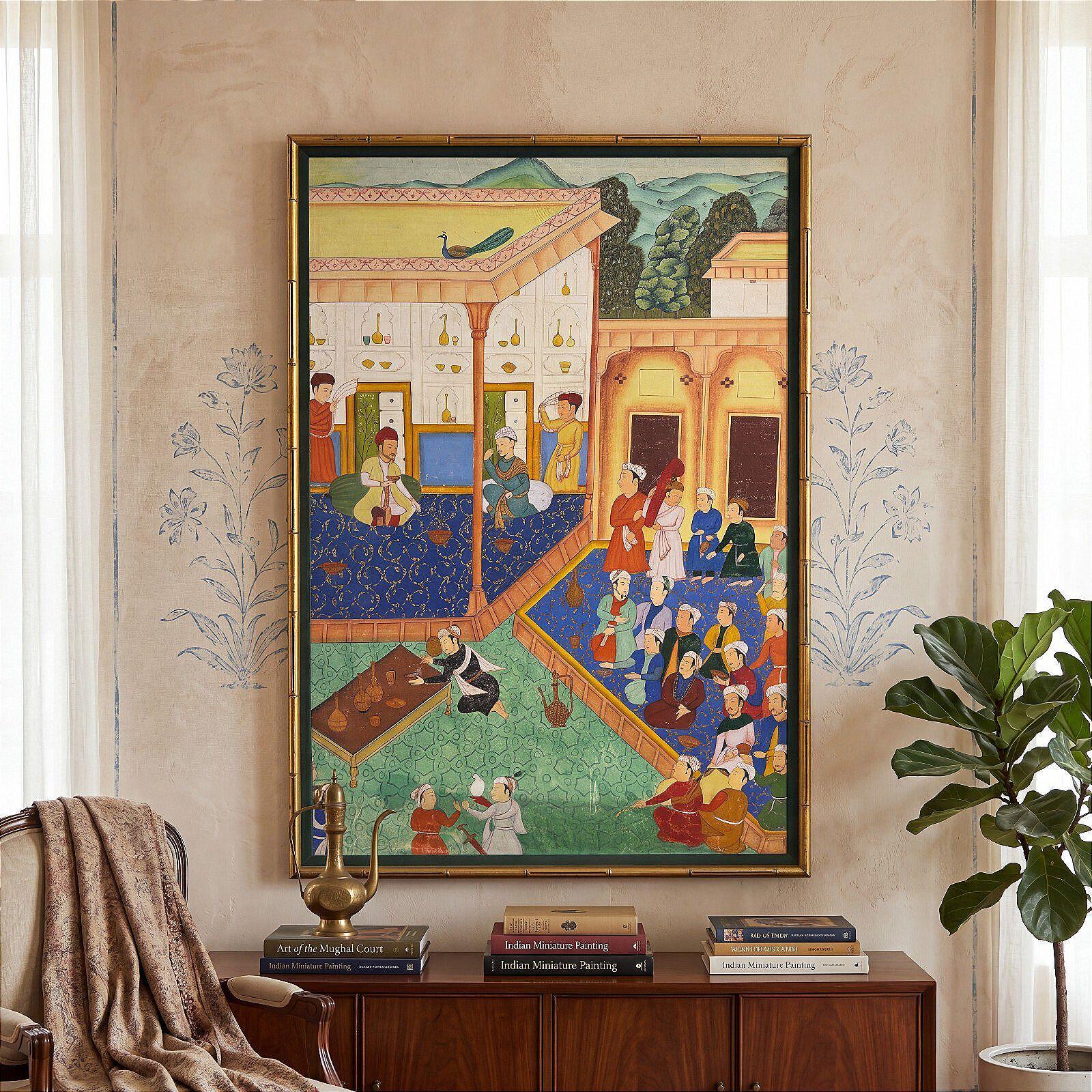 インド宮廷絵画 INDIAN COURT MINIATURE PAINTING Large Hand Painted Mughal Court Scene Framed Painting Peacock