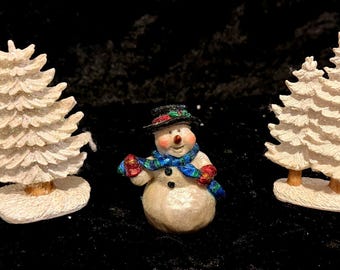 Snowman Figurine with White Christmas Trees • Winter Miniature Set • Holiday Village Decor