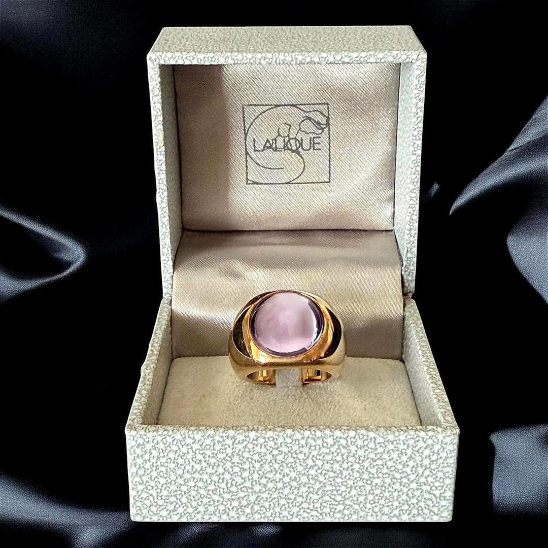 Rare Vintage Lalique Crystal Violet Cabochon Ring Gold Plated Size