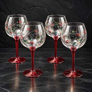 Set of 4 Vtg. Pfaltzgraff Winterberry 16 Oz Goblet Glasses Red Stem Etched 8.5"