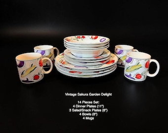 Vintage Sakura Garden Delight 14 Piece Dinnerware Set - Sue Zipkin Vegetable Plates Bowls Mugs Vintage 1995 Stoneware - 10260