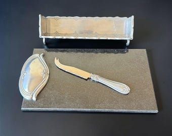 Zeldzame vintage Arthur Court granieten kaasplank, crackerschaal en messenset in originele doos.