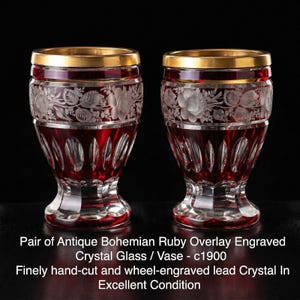 Antique Bohemian Ruby Overlay Engraved Crystal Glass / Vase, c1900 Gold Rim,Pair