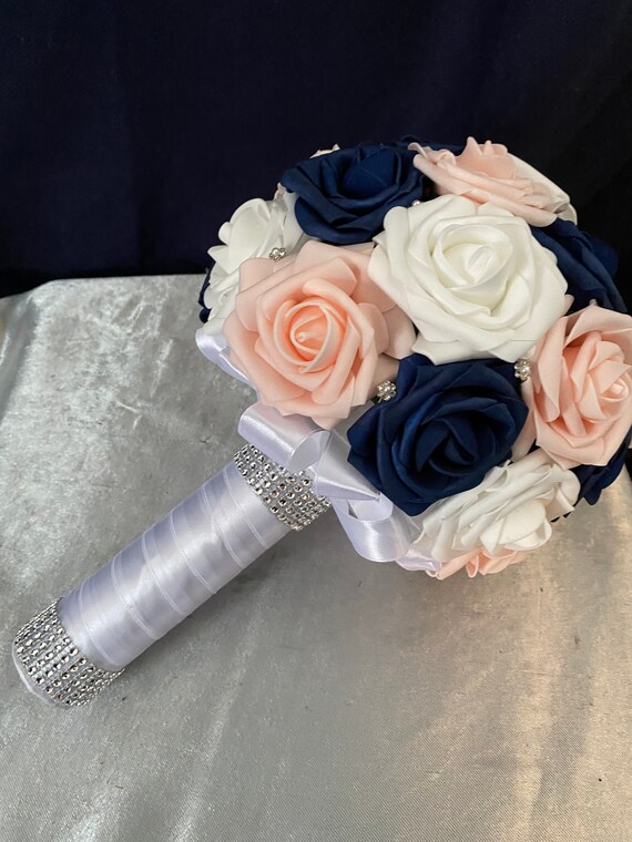 Wedding Bouquet Navy Blue Pink And White Bouquet Bridal Etsy