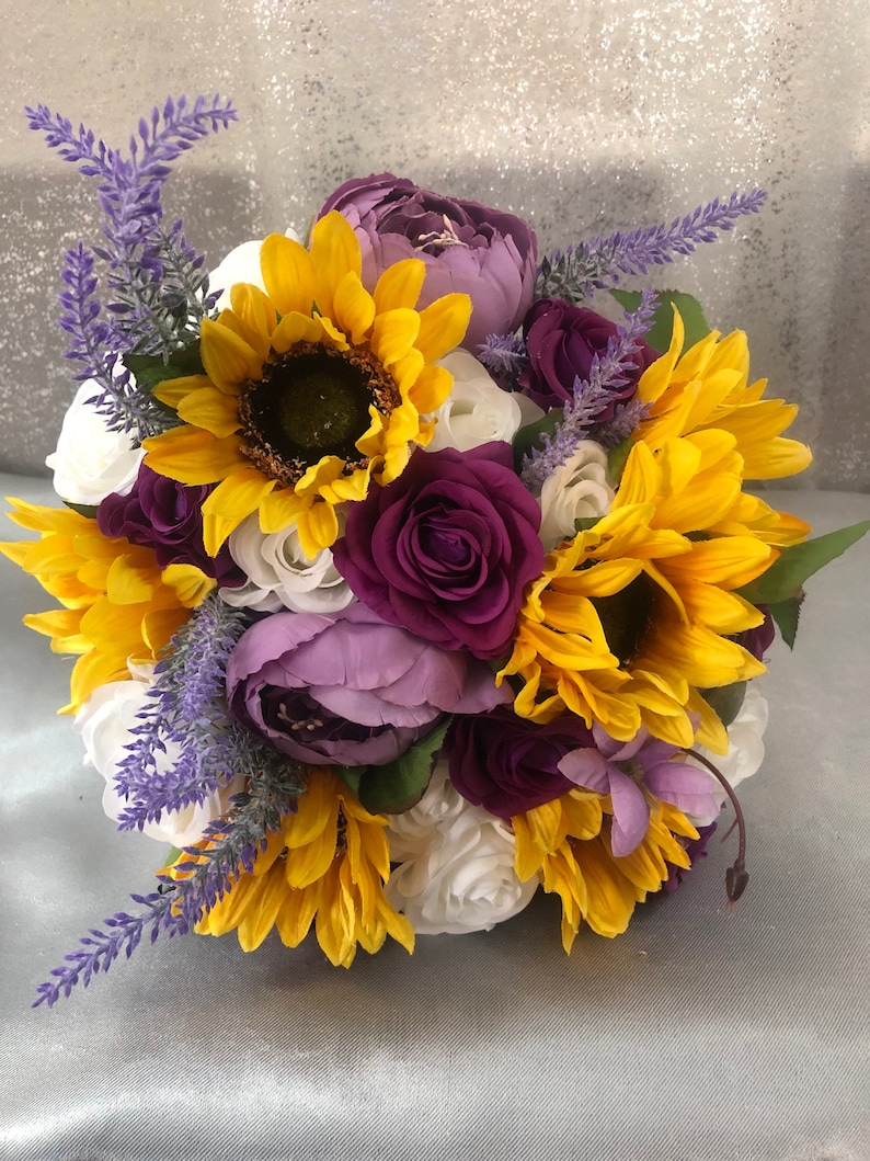 Purple sunflower bouquet Purple roses Bride bouquet image 0