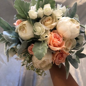Peach Pink Ivory Silk Rose and Peony Bouquet OOAK ready to ship