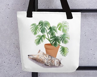 Monstera and Cat  l Feline Jungle Cat and Plant Art Tote Bag l Jungle Cat Reusable Tote Bag, Fabric Tote Bag