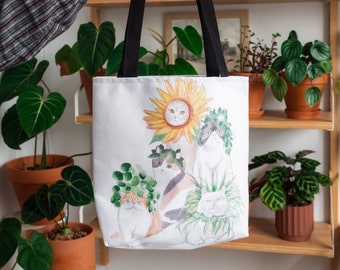 Feline Jungle Cat and Plant Art Tote Bag l Jungle Cat Reusable Tote Bag, Fabric Tote Bag