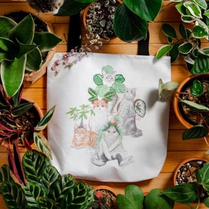 Feline Jungle Cat and Plant Art Tote Bag l Reusable Tote Bag, Fabric Tote Bag, image 1