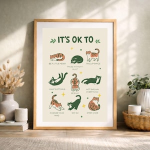 Póster "Está bien no estar bien" / Impresión de gato sobre salud mental / Póster educativo sobre sentimientos / Pared para consultorio o escuela (Descarga digital)