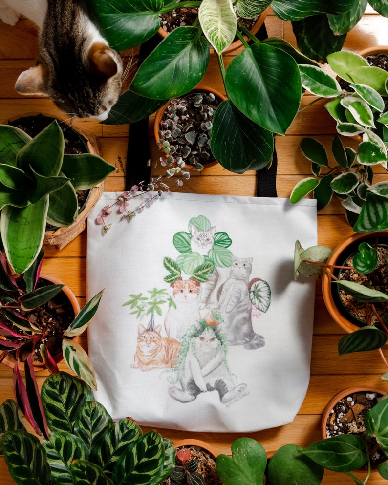 Feline Jungle Cat and Plant Art Tote Bag l Reusable Tote Bag, Fabric Tote Bag, image 1