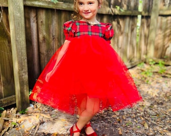 Holiday Christmas Red Plaid Tulle Dress