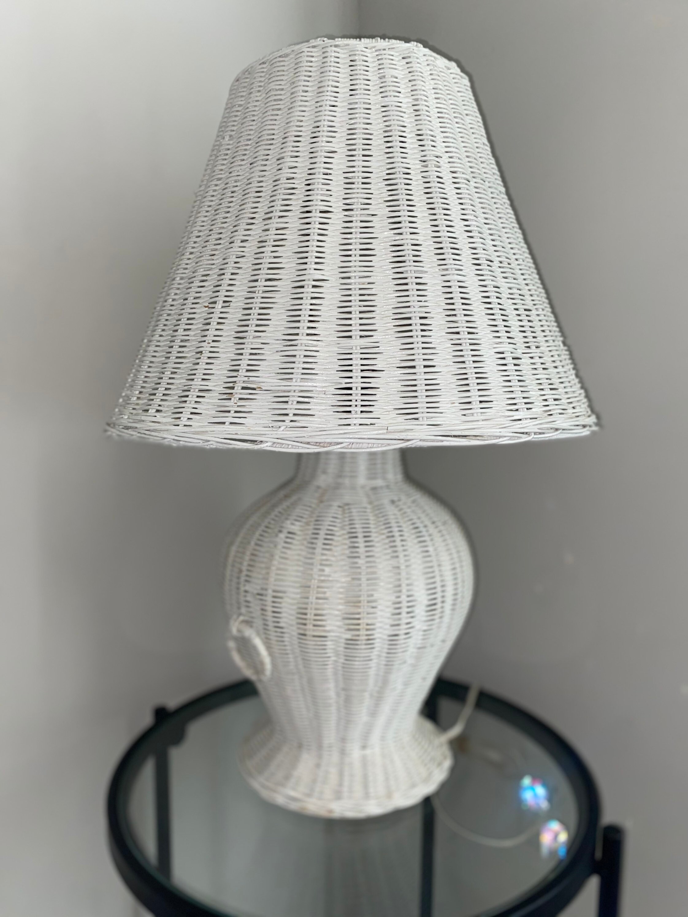 Large Vintage White Wicker Lamp With Shade Shabby Chic 80s Etsy