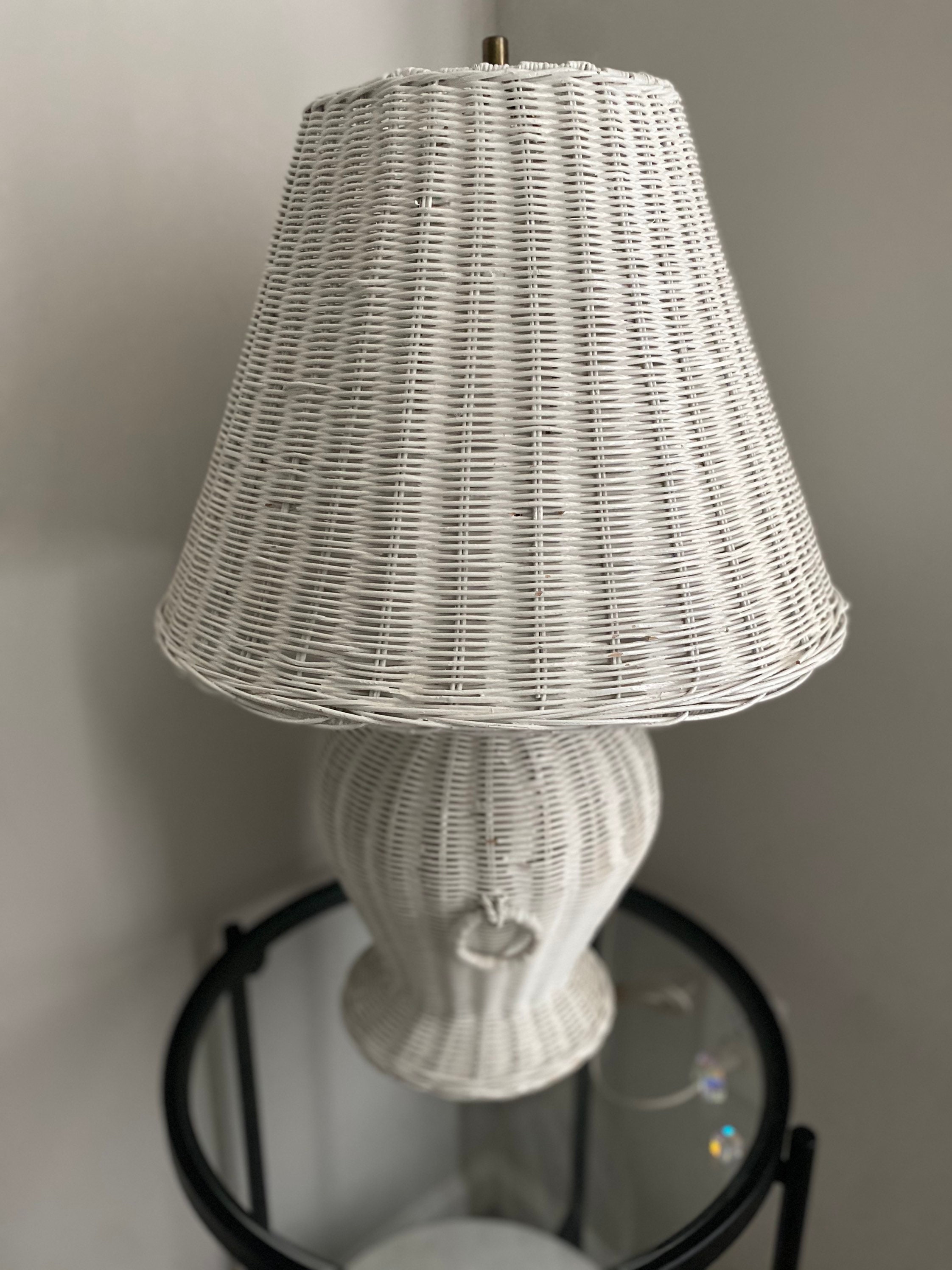 Large Vintage White Wicker Lamp With Shade Shabby Chic 80s Etsy