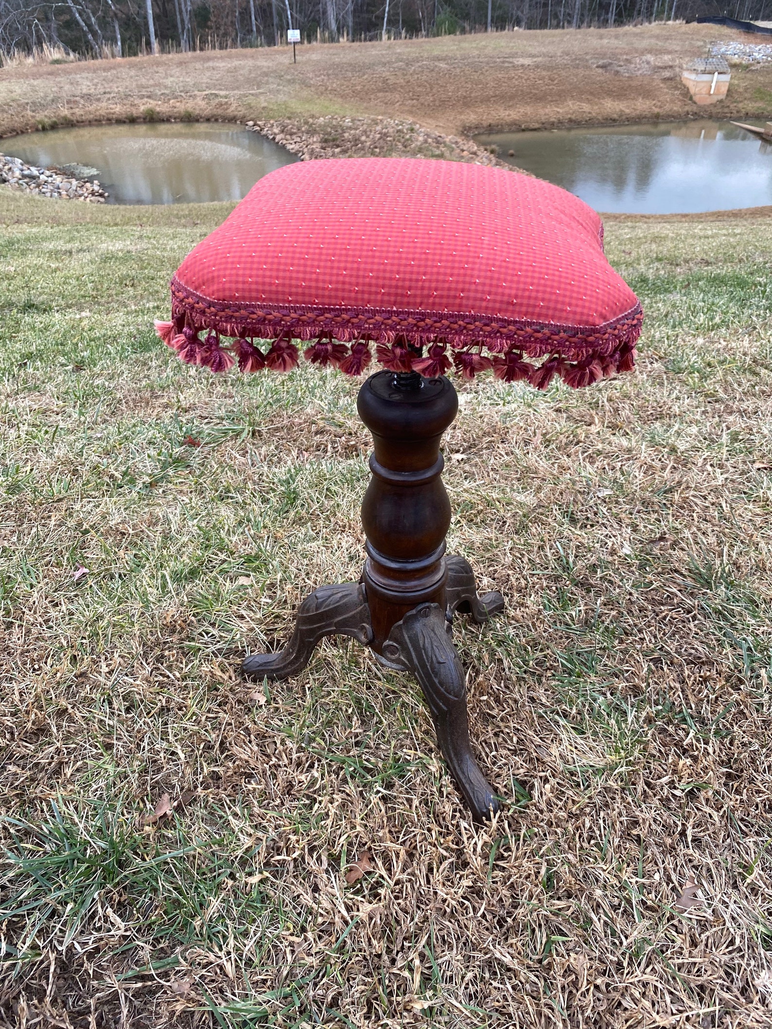 Vintage Antique Piano Stool Dark Wood Tassel Cushion Brass Metal Etsy