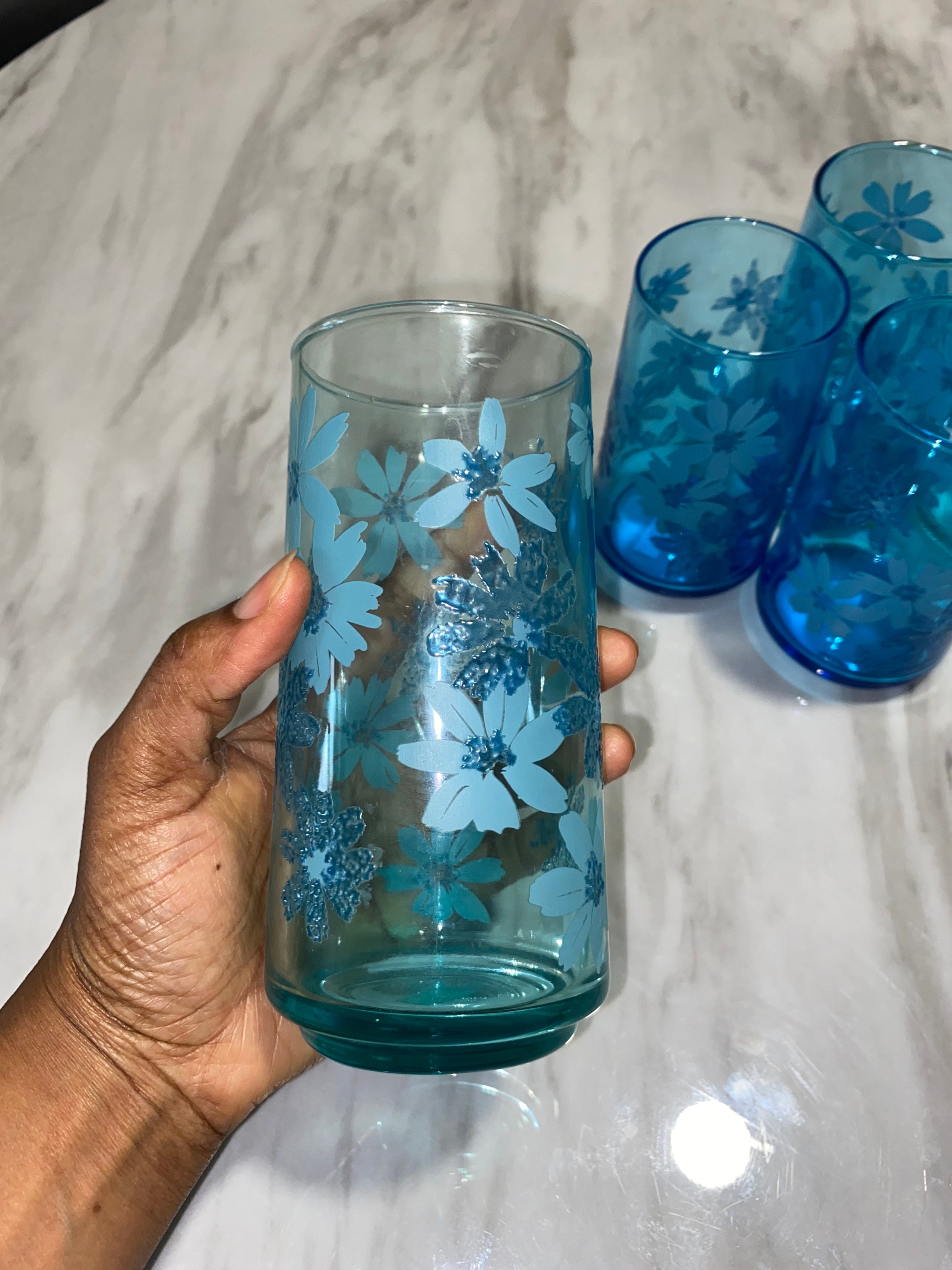 6 Blue Aqua Vintage Retro Drinking Water Tea Glasses Floral Etsy