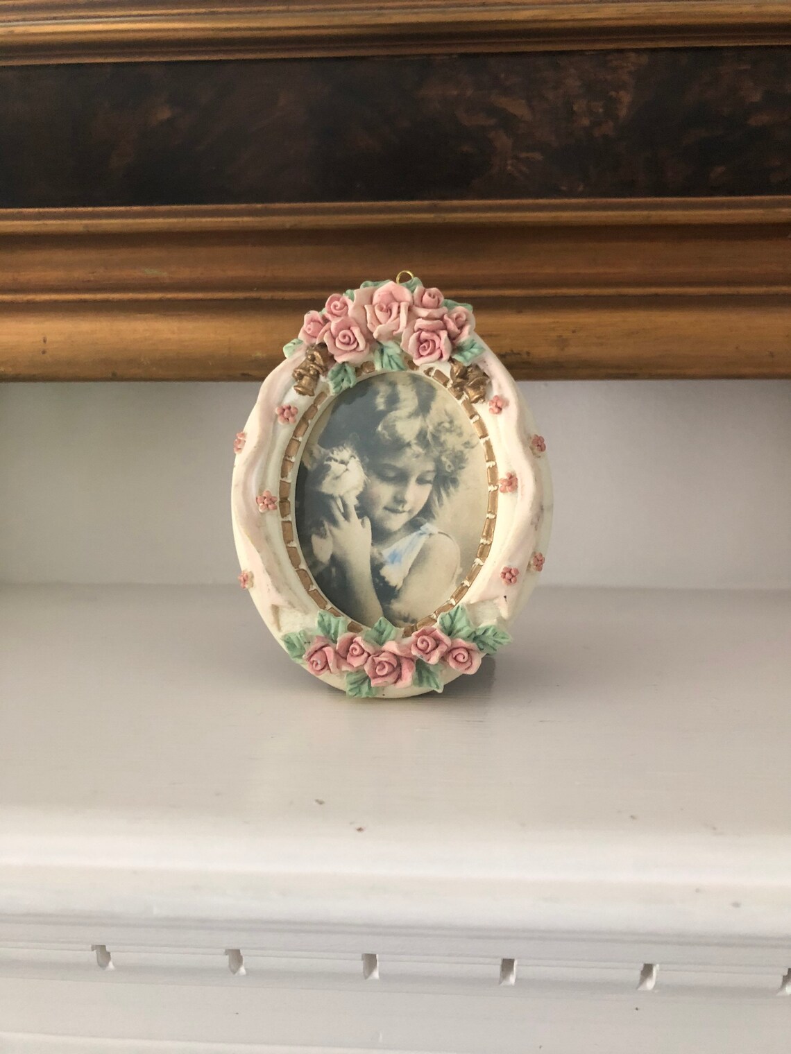 Vintage porcelain picture frame 2.5x2 with porcelain rose Etsy