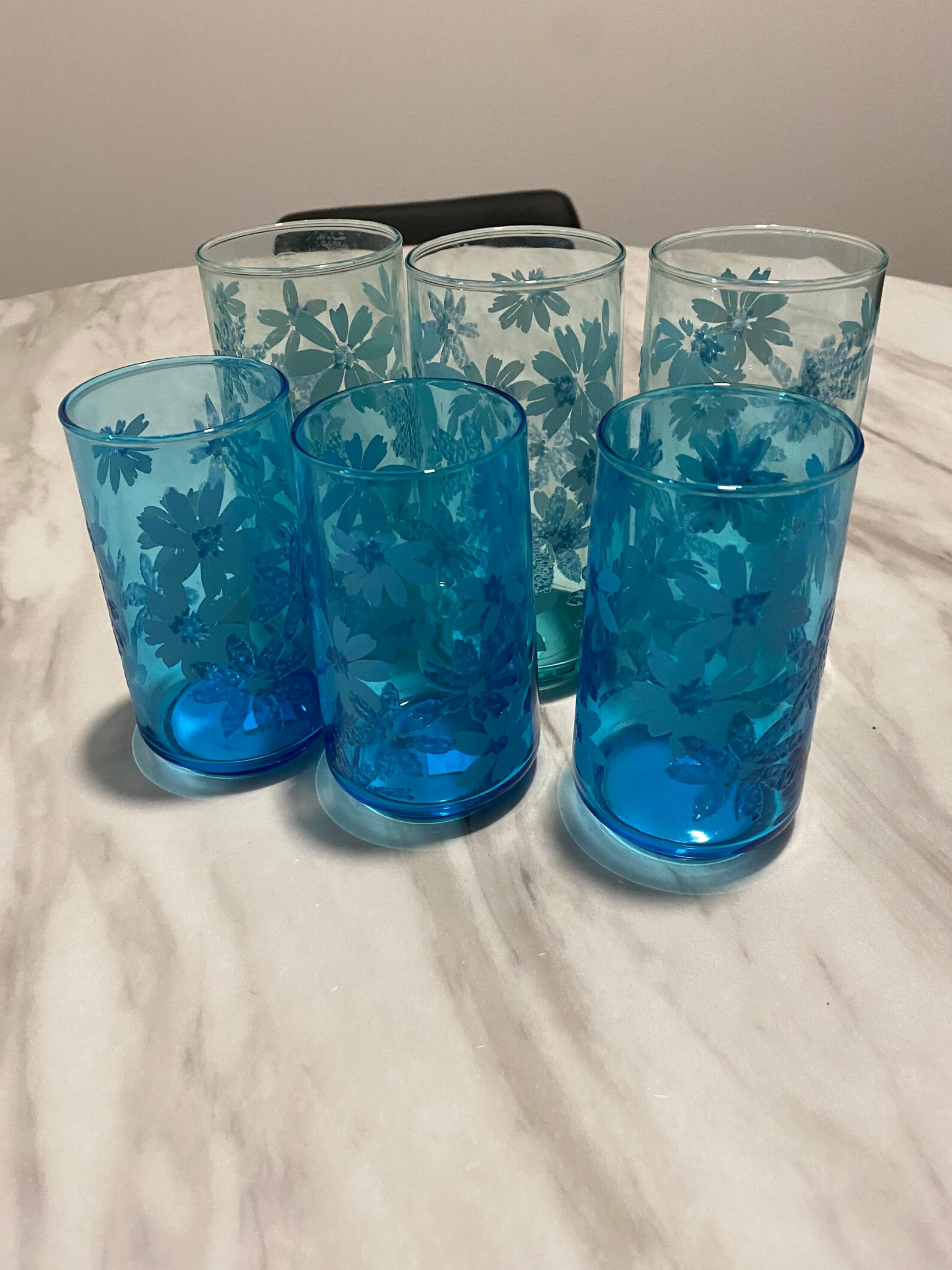 6 Blue Aqua Vintage Retro Drinking Water Tea Glasses Floral Etsy