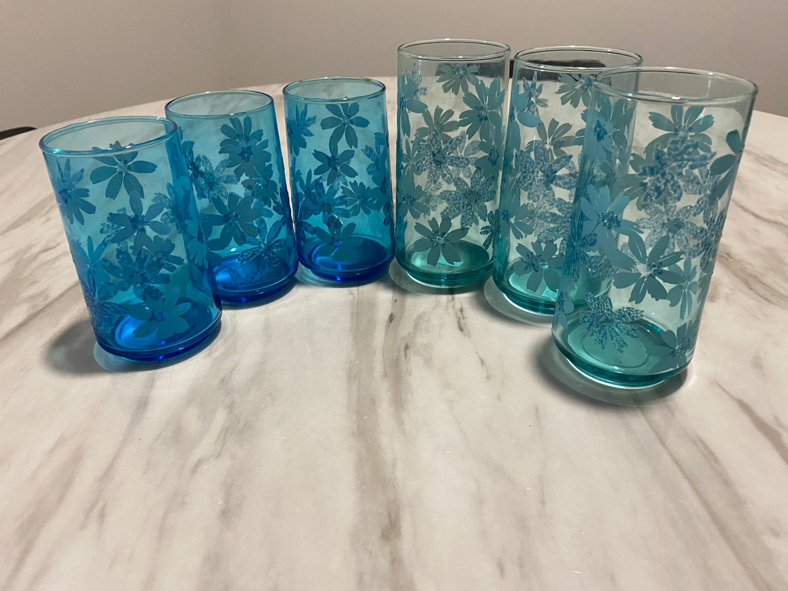 6 Blue Aqua Vintage Retro Drinking Water Tea Glasses Floral Etsy
