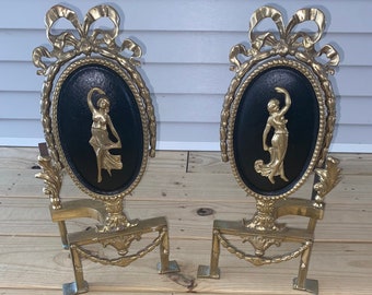 Pair Of Vintage Victorian Brass Fire Dogs Elegant Lady Posing Design Fire Place Decor