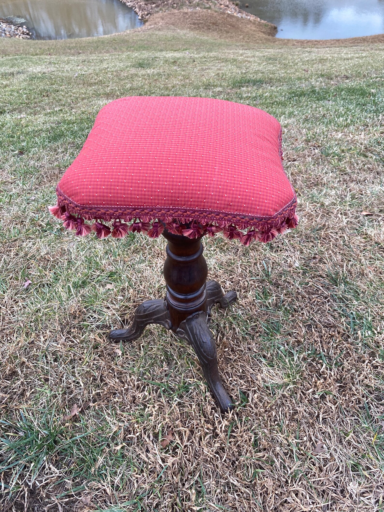 Vintage Antique Piano Stool Dark Wood Tassel Cushion Brass Metal Etsy