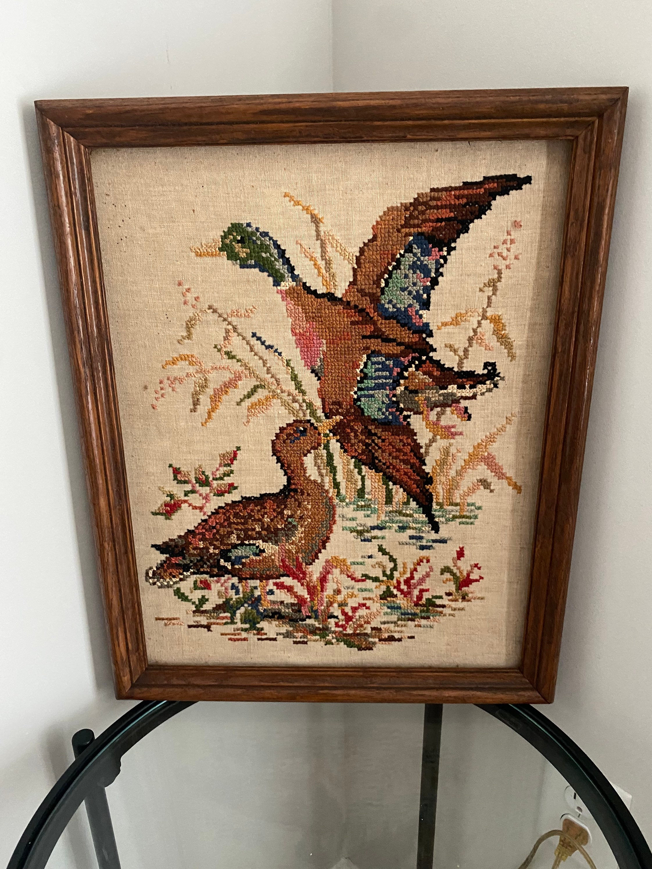Vintage Framed Needlework Art Ducks on a Pond Signed Etsy